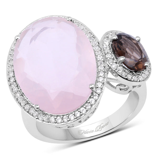 8.25 Carat Genuine Rose Quartz, Smoky Quartz And White Topaz .925 Sterling Silver Ring