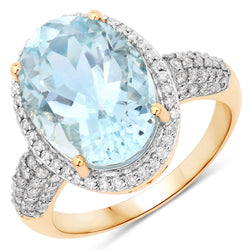 5.42 Carat Genuine Aquamarine and White Diamond 14K Yellow Gold Ring