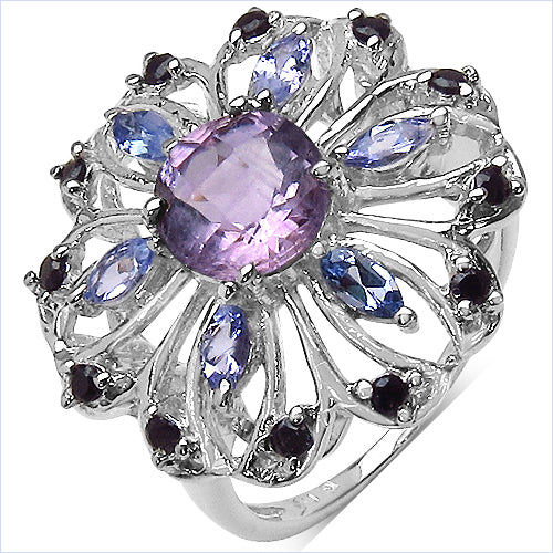 1.77 Carat Genuine Amethyst , Tanzanite & Black Spinel .925 Sterling Silver Ring