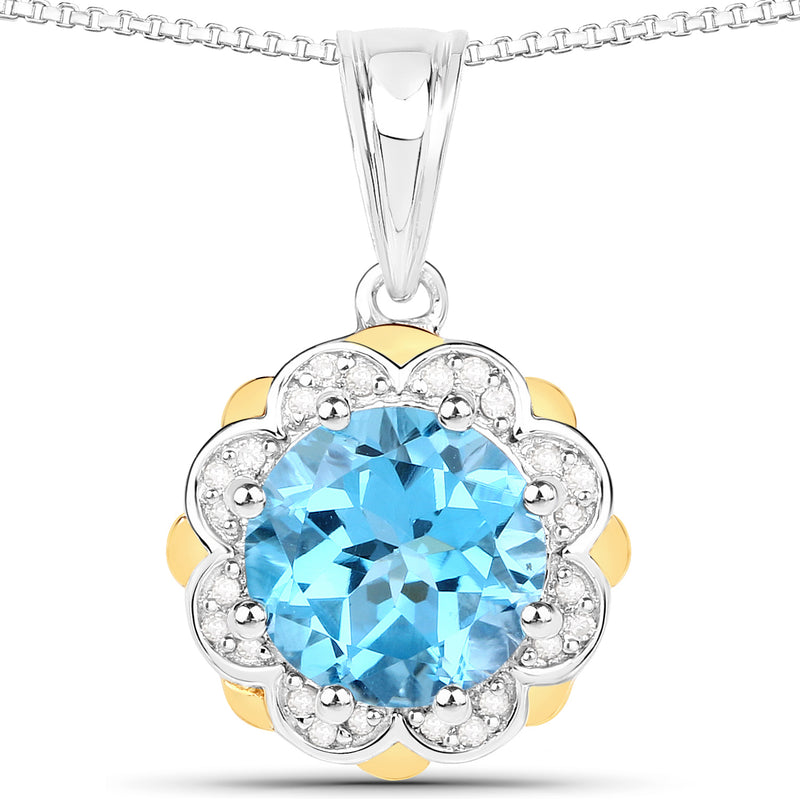 2.32 Carat Genuine Swiss Blue Topaz and White Diamond 14K Yellow Gold with .925 Sterling Silver Pendant