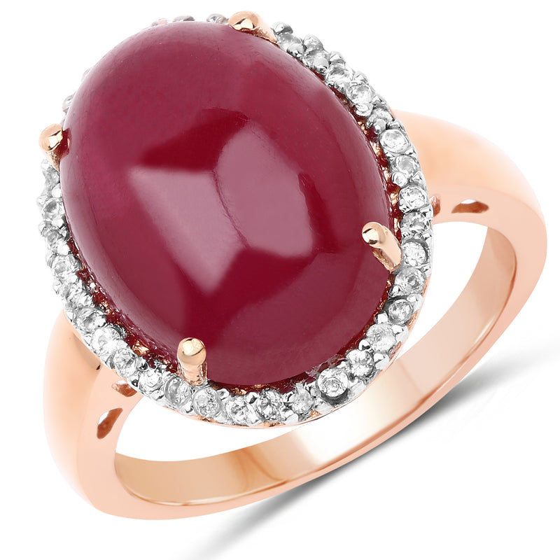 14K Rose Gold Plated 16.69 Carat Genuine Glass Filled Ruby and White Topaz .925 Sterling Silver Ring