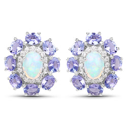 4.16 Carat Genuine Ethiopian Opal, Tanzanite and White Zircon .925 Sterling Silver Earrings