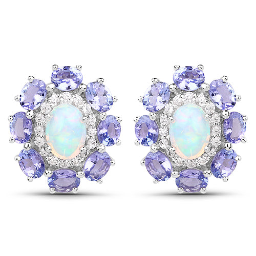 4.16 Carat Genuine Ethiopian Opal, Tanzanite and White Zircon .925 Sterling Silver Earrings