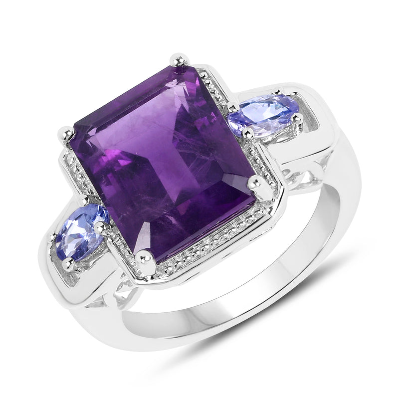 6.25 Carat Genuine Amethyst and Tanzanite .925 Sterling Silver Ring