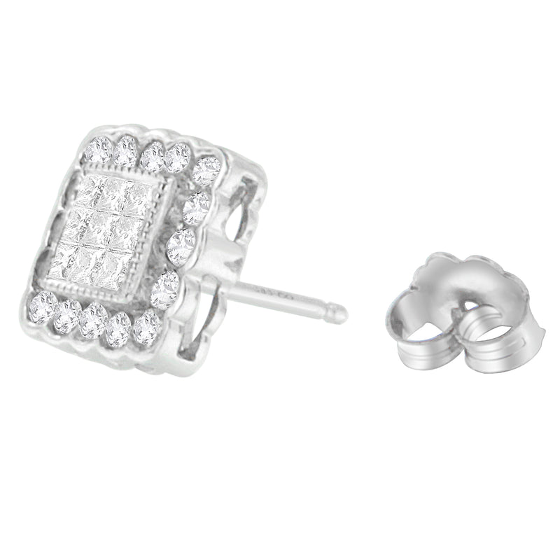 14K White Gold 1.0 Cttw Round Brilliant & Princess Cut Diamond Scallop-Edge Framed Square Halo Stud Earrings (G-H Color, SI1-SI2 Clarity)