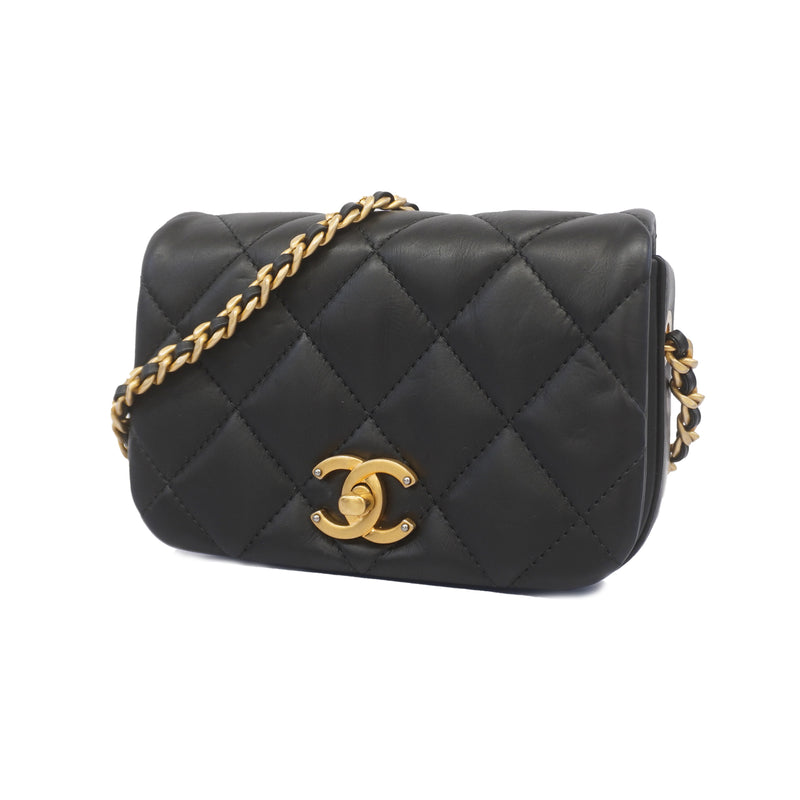 Auth Chanel Matelasse Chain Shoulder Womens Leather Shoulder Bag Black