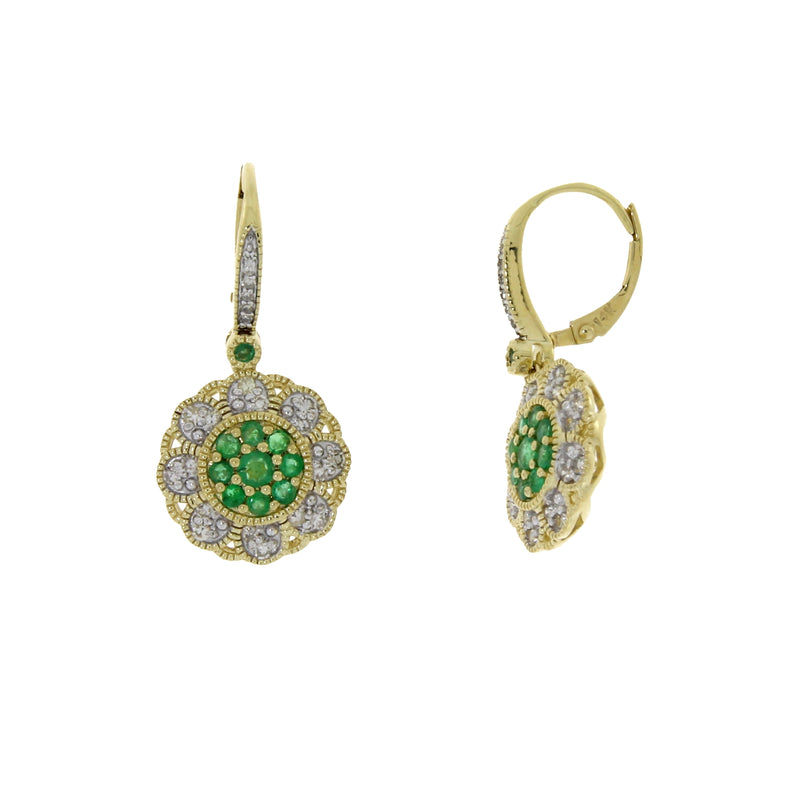 .90ct Emerald Diamond Dangle Earrings 14KT Yellow Gold