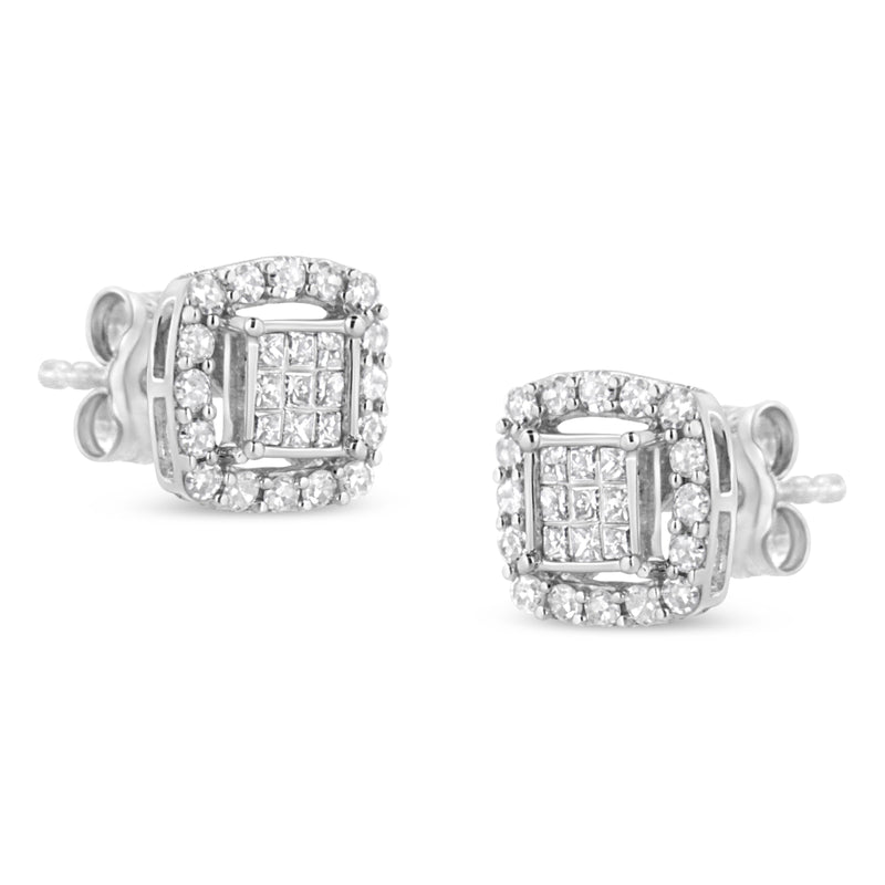 .925 Sterling Silver 1/2 Cttw Round and Princess-Cut Diamond Stud Earrings (I-J Color, I1-I2 Clarity)