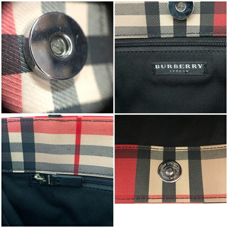 Burberry Tote Bag Red Black Check Nylon Canvas Leather BURBERRY Handbag Womens Mens Beige
