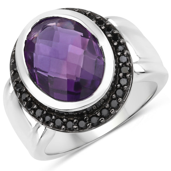 5.35 Carat Genuine Amethyst and Black Spinel .925 Sterling Silver Ring