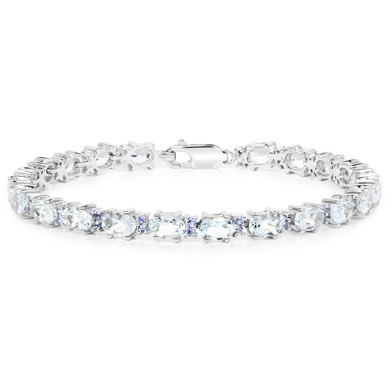 9.68 Carat Genuine Aquamarine and Tanzanite .925 Sterling Silver Bracelet