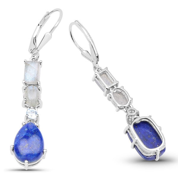 10.12 Carat Genuine Labradorite, Lapis and Blue Topaz .925 Sterling Silver Earrings