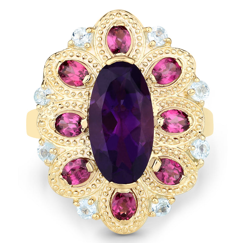 6.80 Carat Genuine Amethyst, Rhodolite and Blue Topaz .925 Sterling Silver Ring