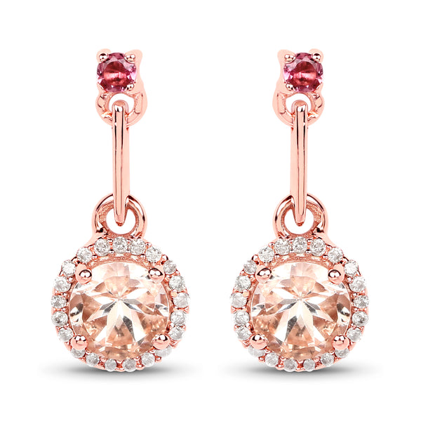 1.03 Carat Genuine Morganite, Pink Tourmaline and White Diamond 14K Rose Gold Earrings