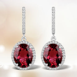 6.86 Carat Genuine Royal Pink Tourmaline and White Diamond 14K White Gold Earrings