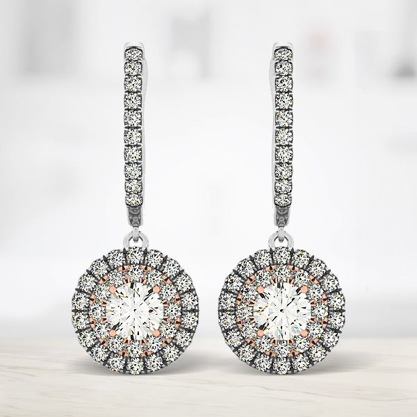 14k White And Rose Gold Drop Diamond Earrings with a Halo Design (3/4 cttw)