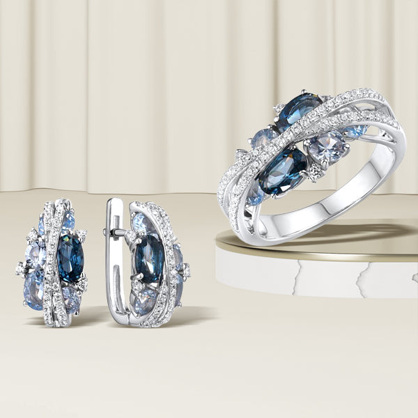 SANTUZZA Genuine 925 Silver Sparkling Blue Spinel Earrings & Ring Jewelry Set