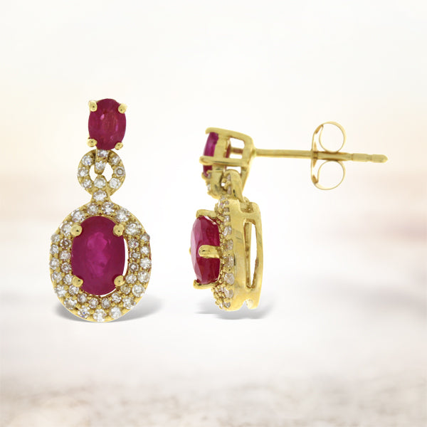 1.99ct Ruby Diamond Dangle Earrings 14KT Yellow Gold