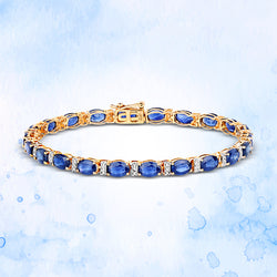 12.36 Carat Genuine Blue Sapphire and White Diamond 14K Yellow Gold Bracelet