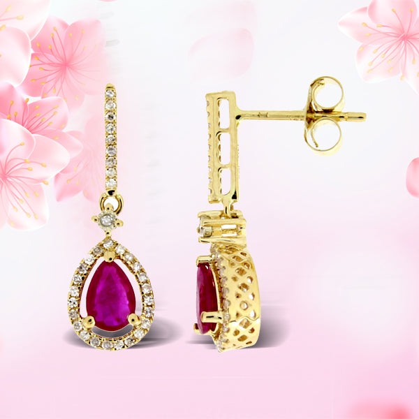 1.20ct Ruby Diamond Dangle Earrings 14KT Yellow Gold