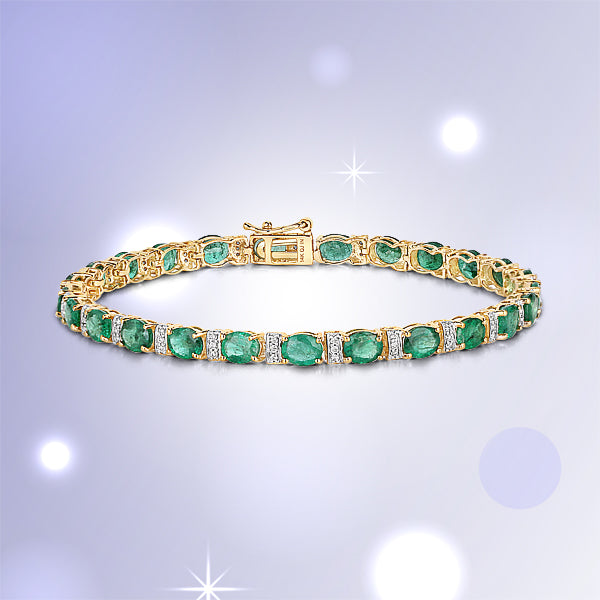 7.80 Carat Genuine Zambian Emerald and White Diamond 14K Yellow Gold Bracelet