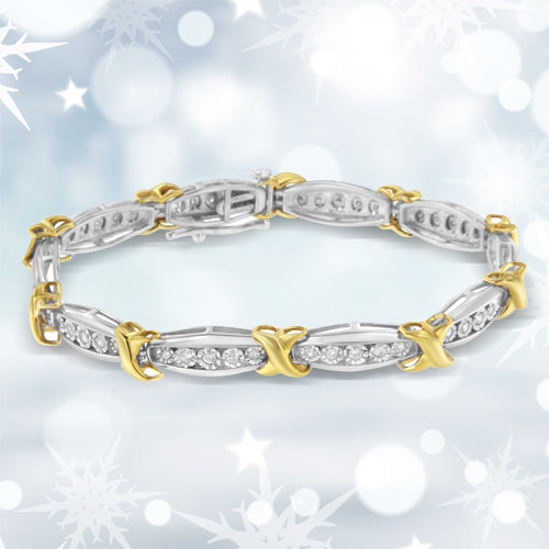 10K Yellow Gold Plated .925 Sterling Silver Two Tone 3/4 CttwDiamond X & O Link Tennis Bracelet (H-I Color, I1-I2 Clarity) - 7”