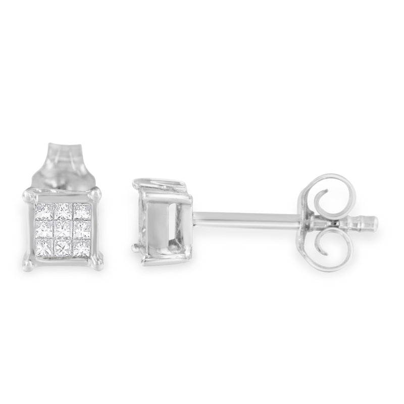 Sterling Silver Multi-stone Princess-cut Diamond Stud Earring (0.2 cttw, H-I Color, I1-I2 Clarity)