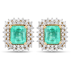 2.14 Carat Genuine Colombian Emerald and White Diamond 14K Yellow Gold Earrings