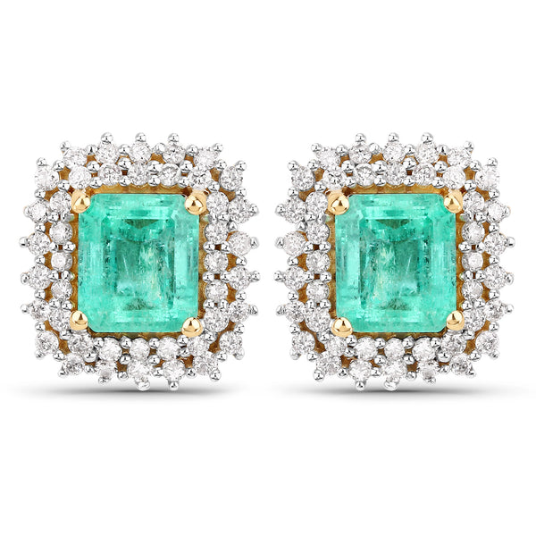 2.14 Carat Genuine Colombian Emerald and White Diamond 14K Yellow Gold Earrings