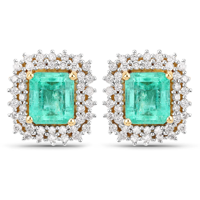 2.14 Carat Genuine Colombian Emerald and White Diamond 14K Yellow Gold Earrings