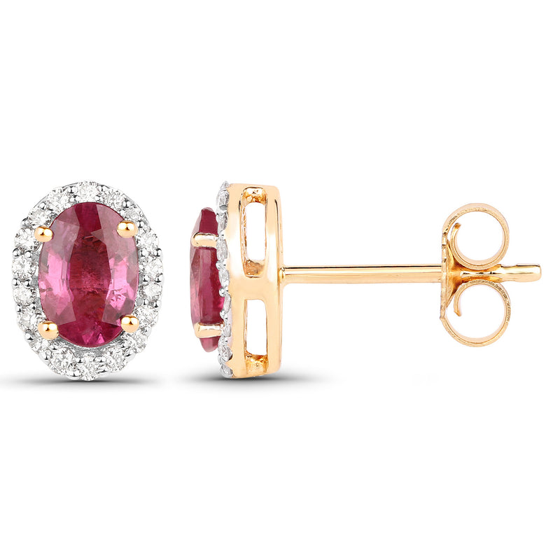 1.23 Carat Genuine Ruby and White Diamond 18K Yellow Gold Earrings