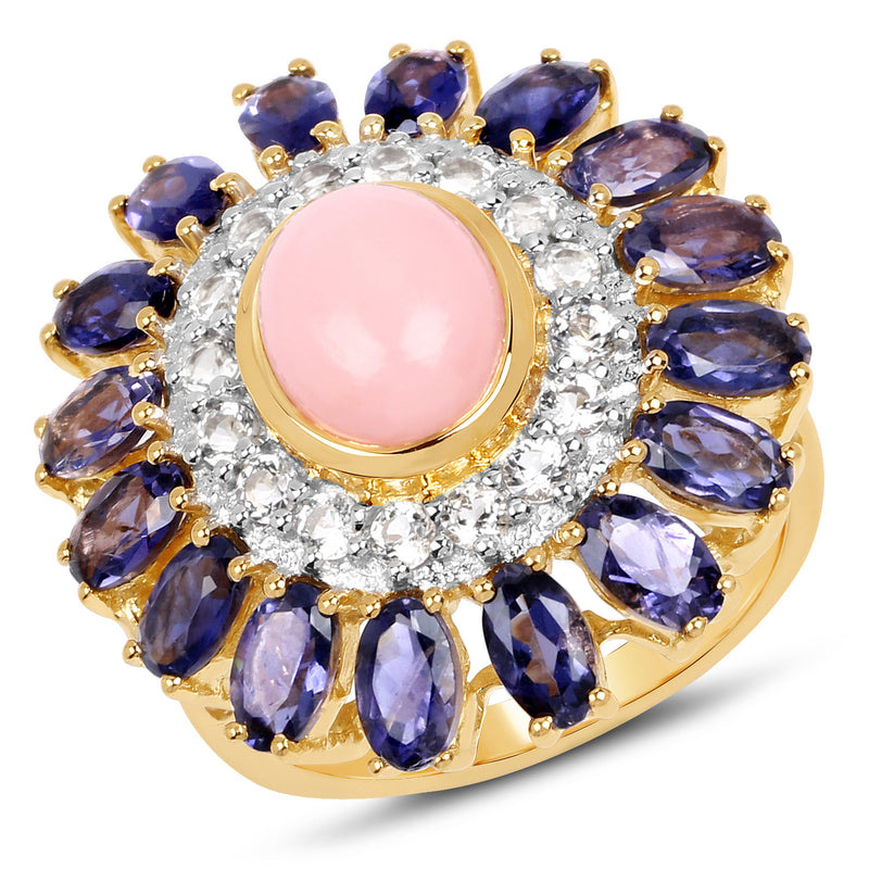 14K Yellow Gold Plated 5.44 Carat Genuine Pink Opal, Iolite And White Topaz .925 Sterling Silver Ring