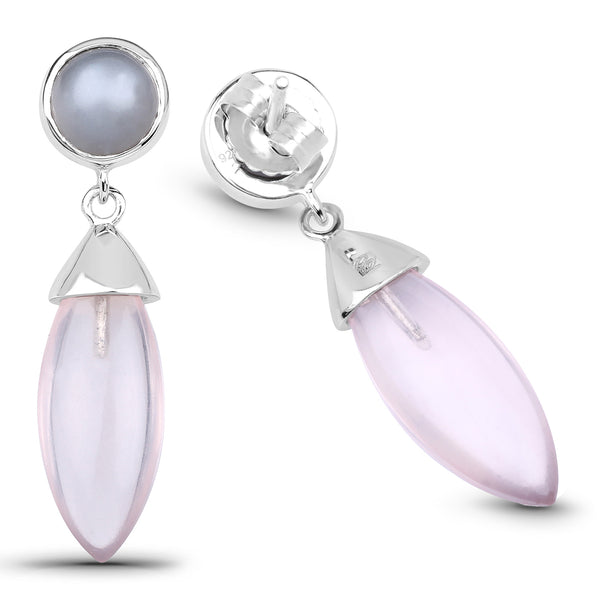 13.20 Carat Genuine Grey Moonstone And Rose Quartz .925 Sterling Silver Earrings