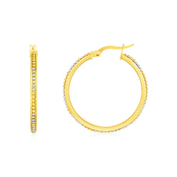 14k Two Tone Gold Round Hoop Earrings with Bead Texture