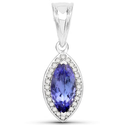 14K White Gold 1.67 Carat Genuine Tanzanite and White Diamond Pendant