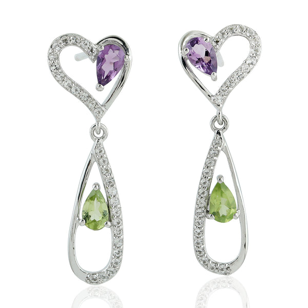 Radiant Beautiful Amethyst Peridot Dangle Earrings 925 Sterling Silver Jewelry