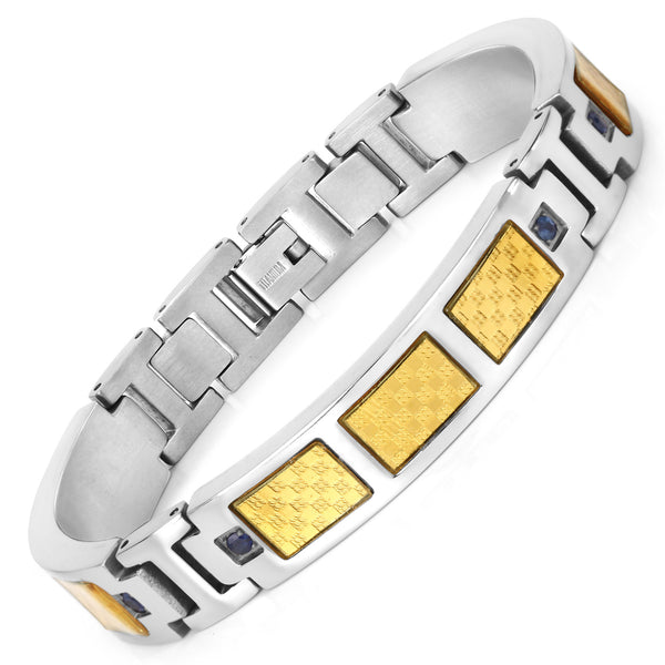 Mens Titanium Bracelet, Titanium Mens Bracelet with Gold Plated Steel Inlay, 0.48ctw. Natural Blue Sapphire Rounds