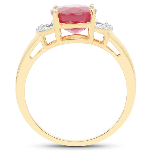 14K Yellow Gold Plated 4.01 Carat Glass Filled Ruby and White Diamond .925 Sterling Silver Ring