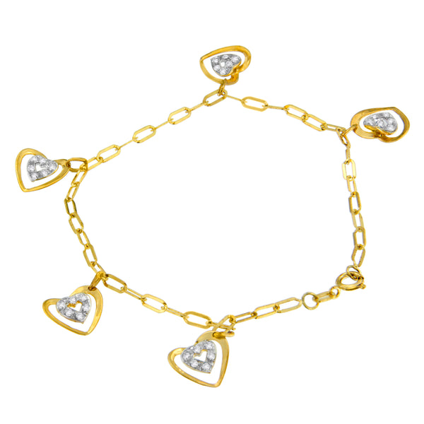 14K Yellow Gold 1/5ct TDW Round Cut Diamond Heart Charm Bracelet (I-JI1-I2)