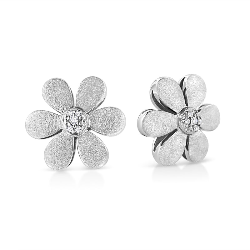 Matte Finished .925 Sterling Silver Diamond Accent Flower Hoop Stud Earring (I-J Color, I1-I2 Clarity)