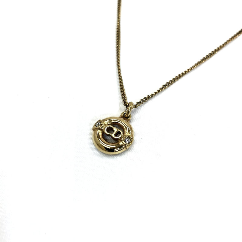 Christian Dior Necklace CD Rhinestone Round Plate Pendant Red Bean Chain Ladies