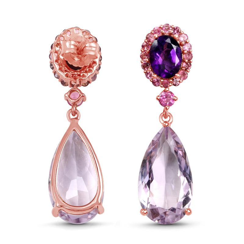 14K Rose Gold Plated 17.80 Carat Genuine Pink Amethyst, Pink Tourmaline & Amethyst .925 Sterling Silver Earrings