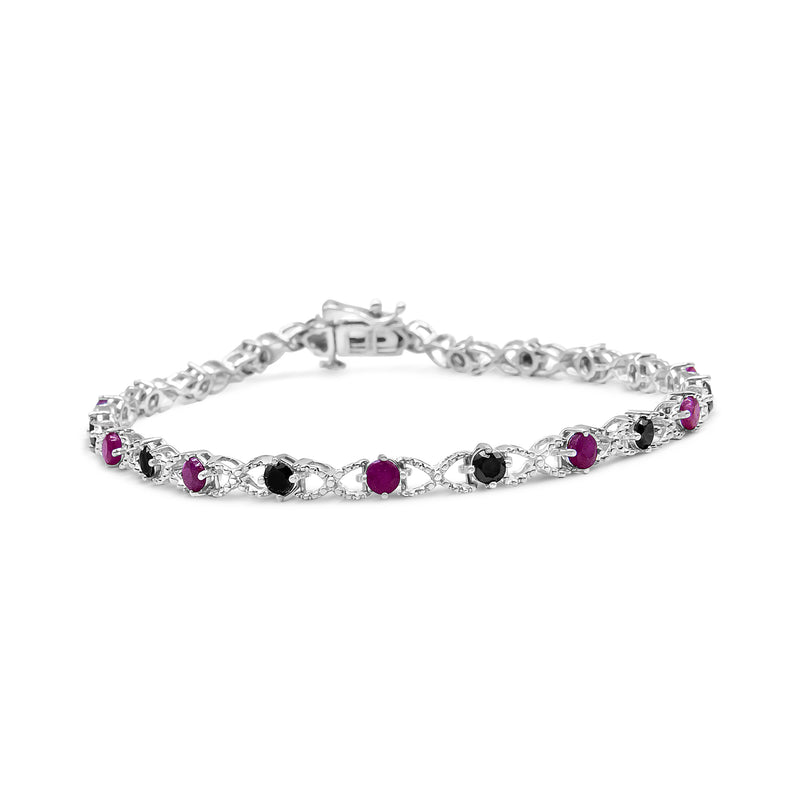 .925 Sterling Silver 1.00 Cttw Treated Black Diamond with 3.00mm Lab Created Pink Ruby 7.25" X-Link Bracelet (Black Color, I2-I3 Clarity)