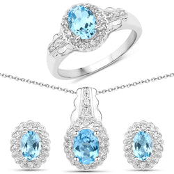 3.00 Carat Genuine Swiss Blue Topaz and White Topaz .925 Sterling Silver 3 Piece Jewelry Set (Ring, Earrings, and Pendant w/ Chain)