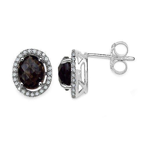 2.39 Carat Genuine White Diamond & Smoky Quartz .925 Sterling Silver Earrings