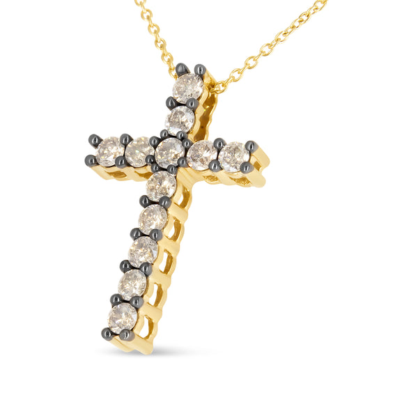 10K Yellow Gold Plated .925 Sterling Silver 1.00 Cttw Traditional Diamond Cross 18" Pendant Necklace (Champagne color, I2-I3 Clarity)