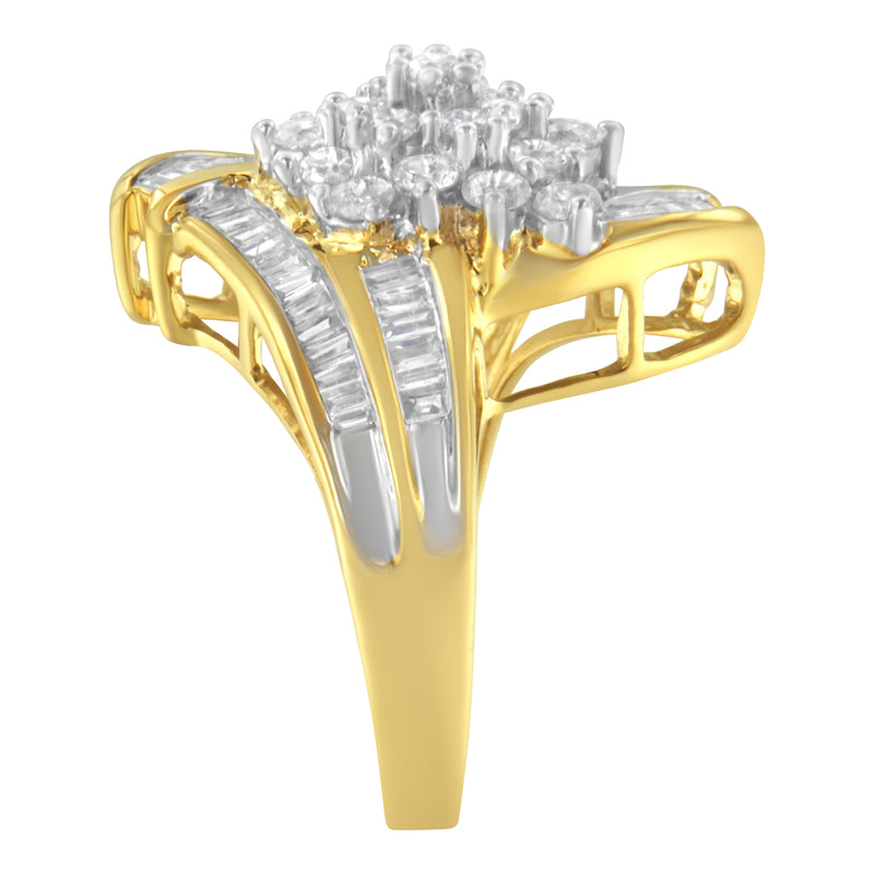 10K Yellow Gold Round and Baguette Diamond Swirl Ring (2.0 Cttw, J-K Color, I2 Clarity) - Size 6-3/4