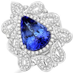 11.68 Carat Genuine Tanzanite and White Diamond 18K White Gold Ring