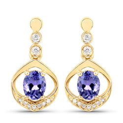 0.76 Carat Genuine Tanzanite and White Diamond 14K Yellow Gold Earrings