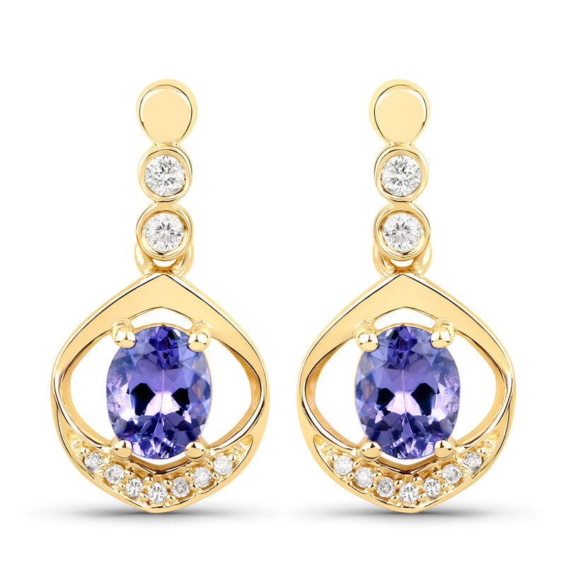 0.76 Carat Genuine Tanzanite and White Diamond 14K Yellow Gold Earrings